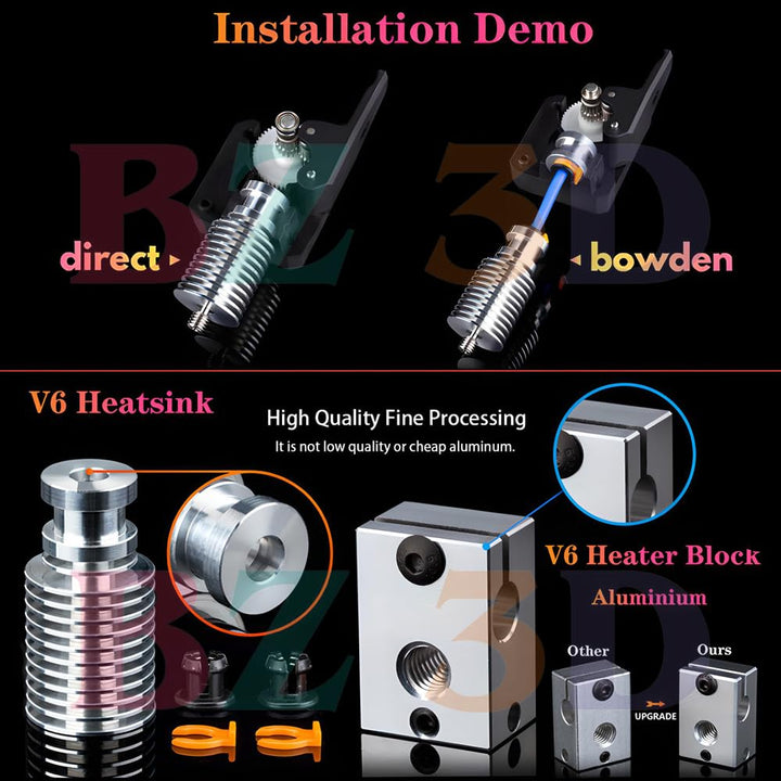 V6 All Metal Hotend 12V 40W Direct & Bowden Kit,V6 Messing Düsen 0.4mm,Heatbreak Titanlegierung,Lüft