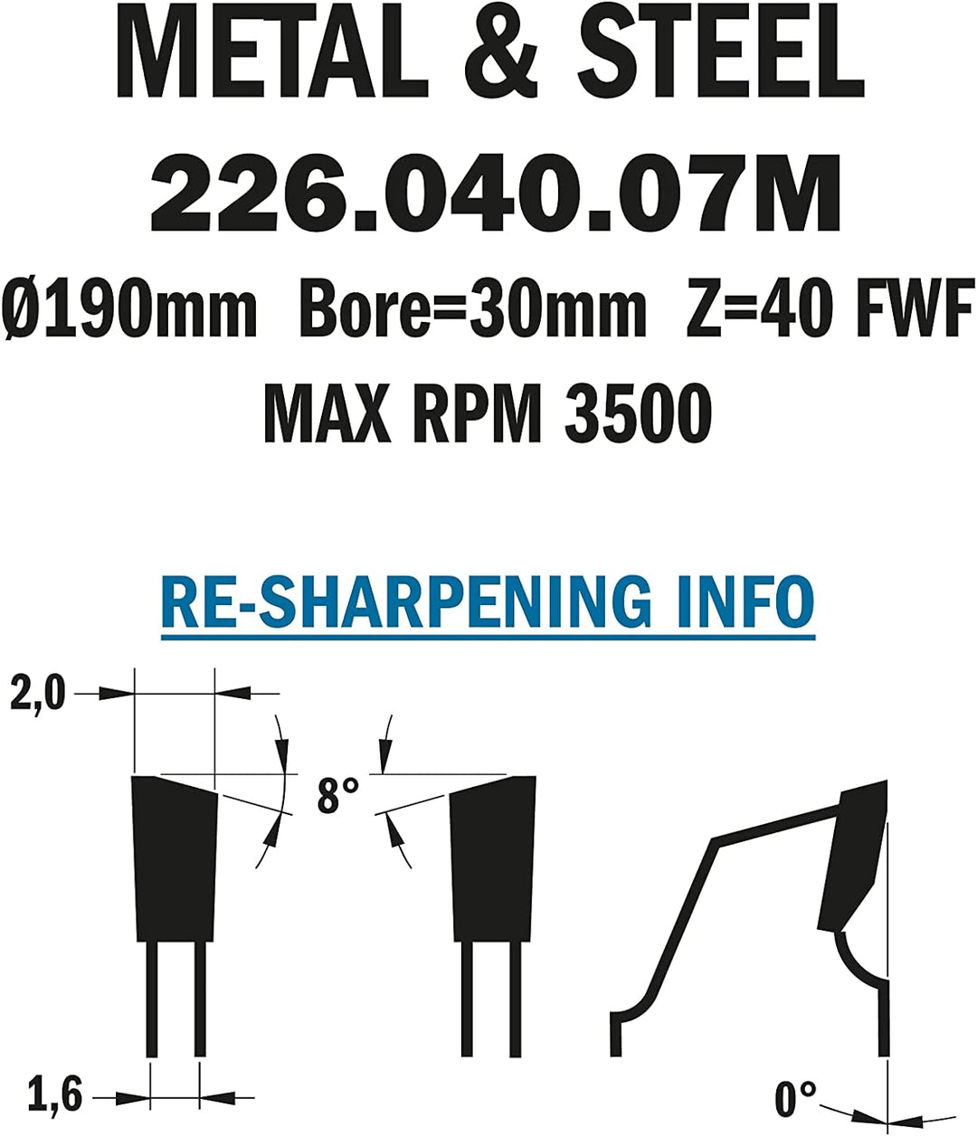 CMT Orange Tools 226.040.07 M – für Metalle Kreissägeblatt 190 x 2 x 30 Z 40 FWF 8 Grad