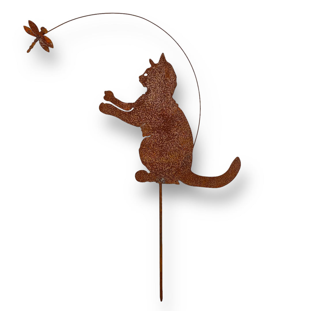 Crispe home & garden Gartenstecker Edelrost - Katze mit Libelle - Höhe 58 cm Katze mit Schmetterling
