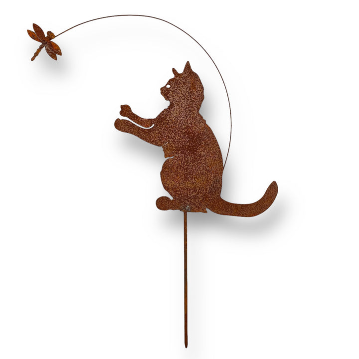 Crispe home & garden Gartenstecker Edelrost - Katze mit Libelle - Höhe 58 cm Katze mit Schmetterling