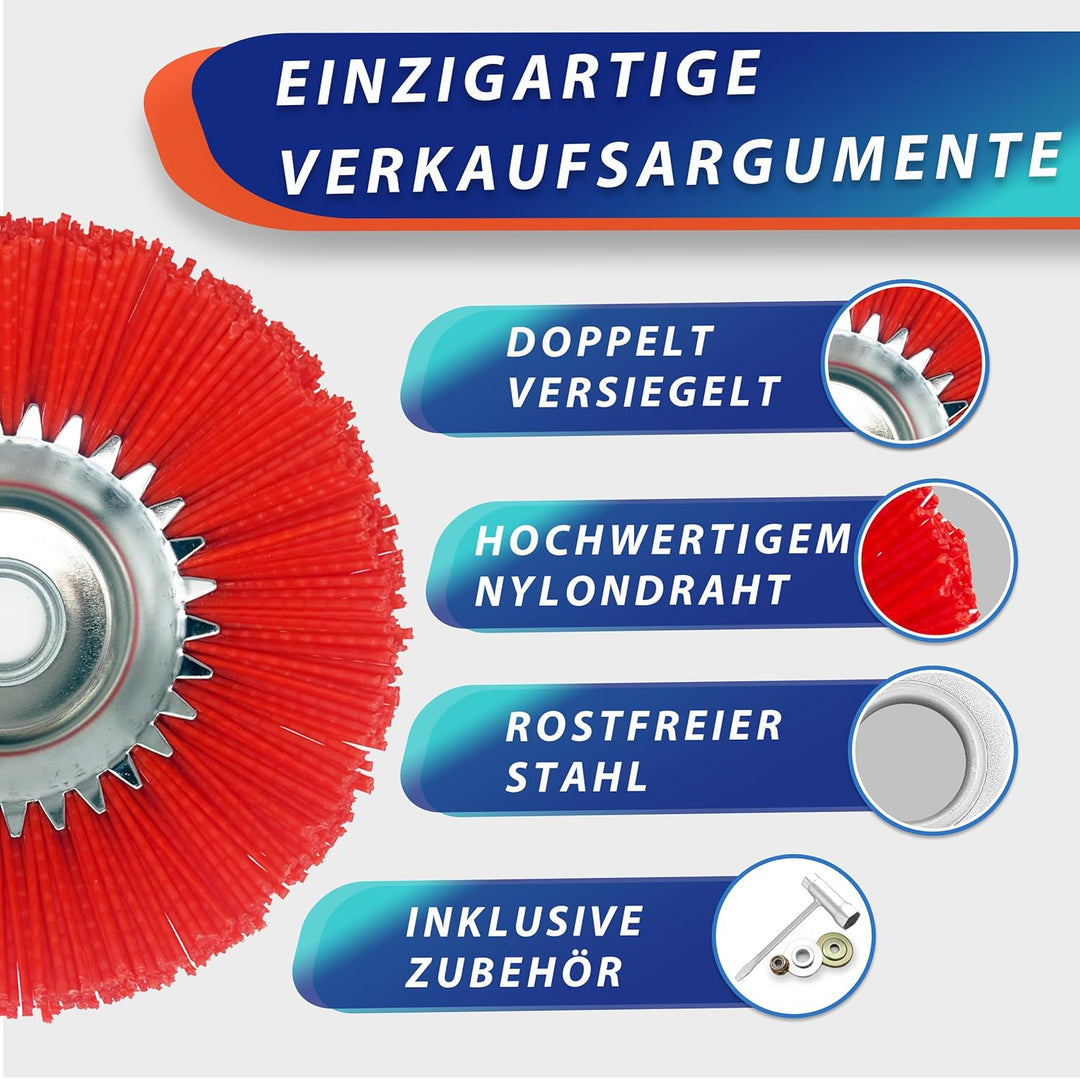 WEGLUST Nylon-Unkrautbürste für Motorsense, 200x25,4mm, mit Drahtbürste und Nylon-Borsten (Rot), Rot