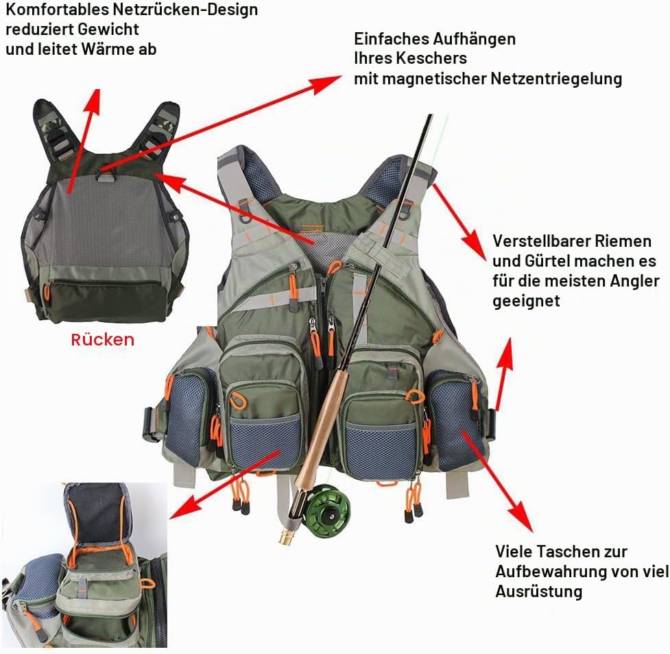 Kylebooker Fliegenfischen Weste Angelweste Einstellbare Grösse Maschen Multi-Taschen Jacke Einheitsg