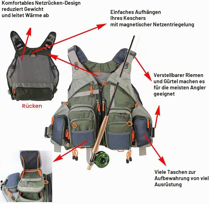 Kylebooker Fliegenfischen Weste Angelweste Einstellbare Grösse Maschen Multi-Taschen Jacke Einheitsg