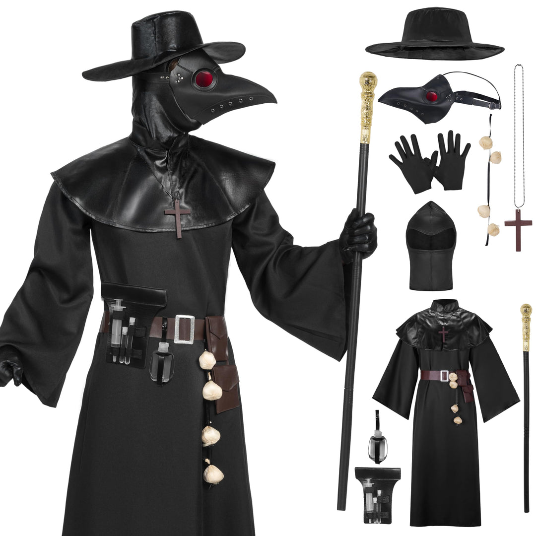 Spooktacular Creations Herren Pestarzt schwarzes Kostüm-Set mit Mütze, Maske, Schal, Robe, Handschuh