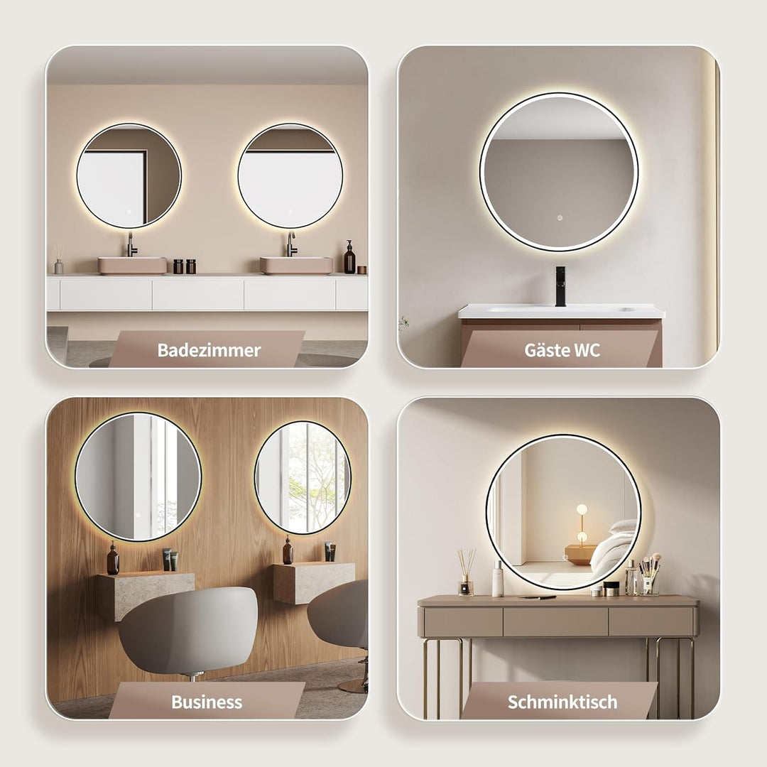 HOKO Design Badspiegel rund 80 cm Amsterdam mit Energiesparend LED Beleuchtung und Metall Rahmen Sch