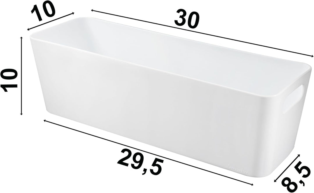 3x Ordnungsbox - 10 cm hoch - WEISS - 30x10x10cm - 2 Liter - mit Beschriftungsclip Ordnungskorb Schu