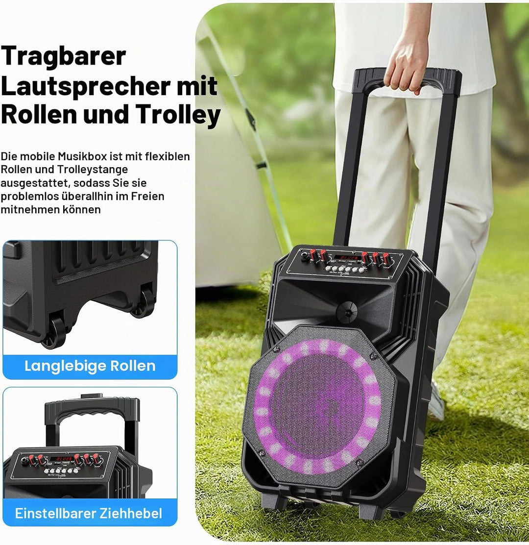 Karaoke-Maschine mit 2 drahtlosen Mikrofonen, rollenden Rädern und Trolley - 8800mAh tragbarer Bluet