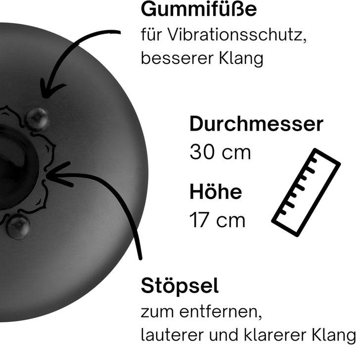 Sonodrum Zungentrommel "Standard 30cm D-Dur" in Schwarz - Tongue Drum inkl. Schlägel, Liederbuch und