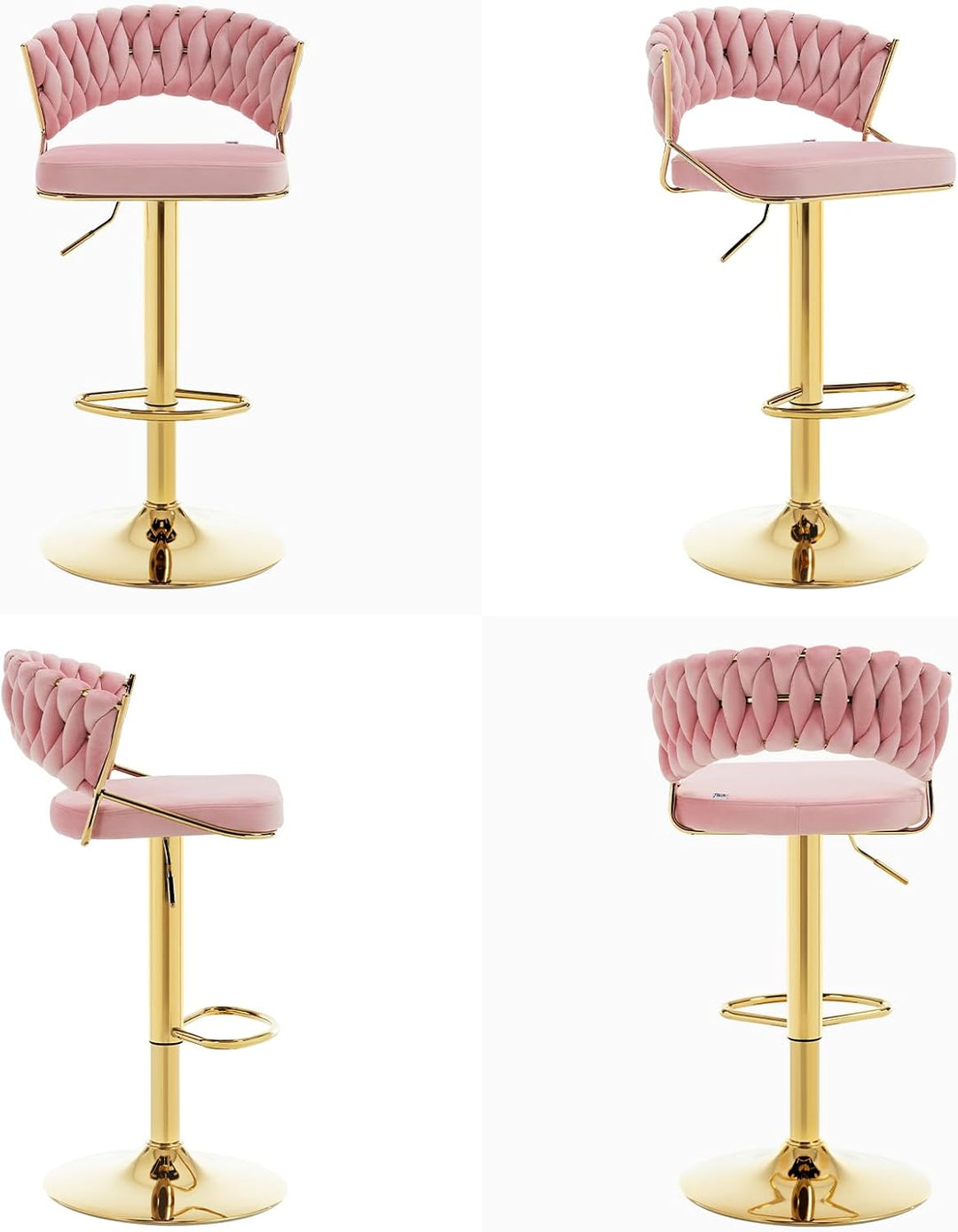 WOLTU Barhocker 2er Set, mit geflochtener Rückenlehne, Samthocker, Rosa | Barstuhl 360° drehbar, höh