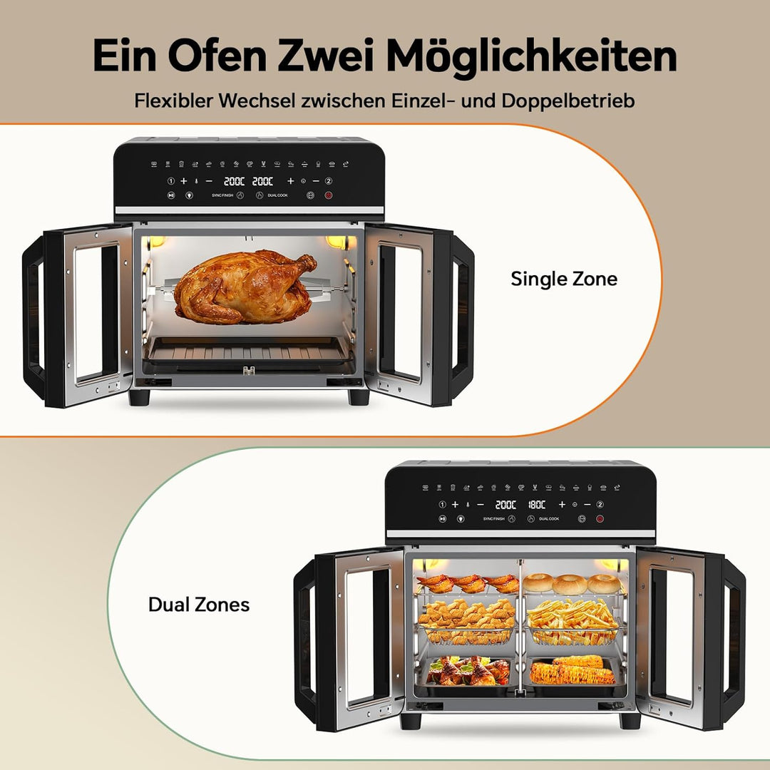 Heissluftfritteuse 23L XXL Mini Backofen mit Französischen Türen, 2600W Air Fryer Dual Zone mit Smar