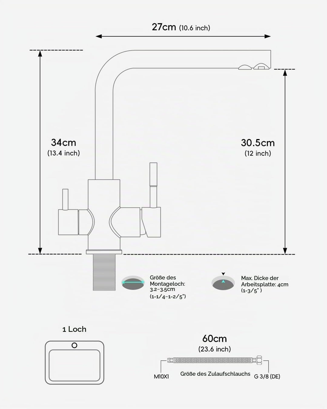 APPASO 3 Wege Wasserhahn Schwarz, Küchenarmatur 3 wege 360° Drehbar, 3 in 1 Mischbatterie Küche für