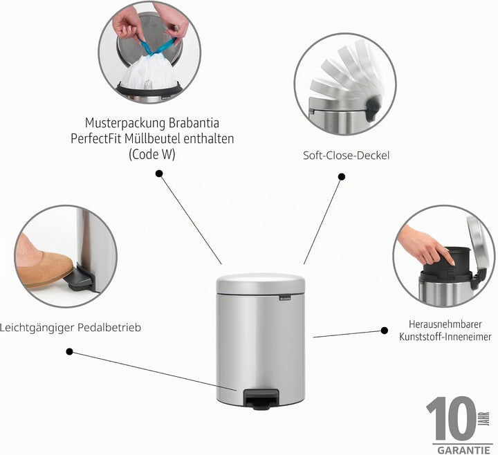 Brabantia 112904 Treteimer mit Inneneimer aus Kunststoff, stahl, Metallic Grau, 5 Liter 5 Liter Meta