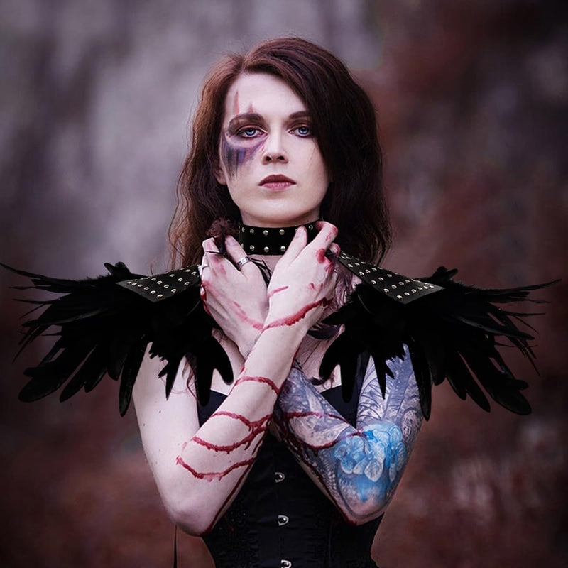 keland Gothic Leder Feder Epauletten Schulterklappen Schulterschmuck Umhang Schultertuch mit Halsrei