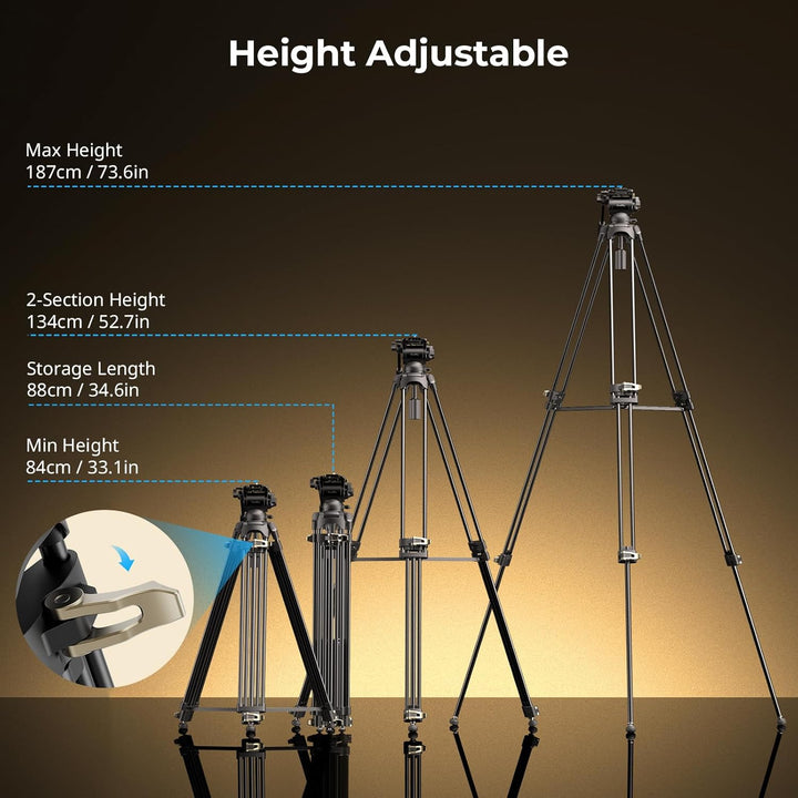SMALLRIG AD-01S Videostativ, 74" Hochleistungsstativ mit Schwenk- und Neige-Fluidkopf, Dual-Mode-Sch