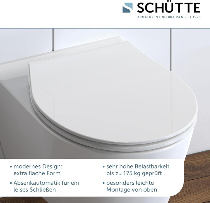 SCHÜTTE 82700 WC-Sitz Duroplast SLIM WHITE, Toilettensitz mit Absenkautomatik und Schnellverschluss
