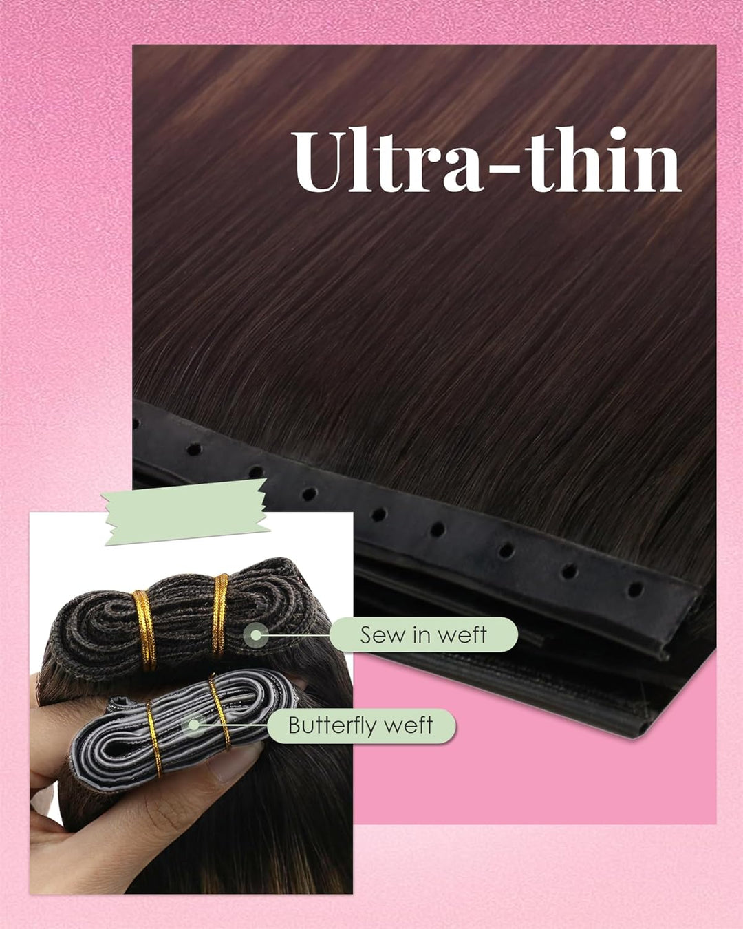 YoungSee 100g OVO Weft Extensions Echthaar Ombre 60 cm,Butterfly Weft Extensions Echthaar Dunkelbrau