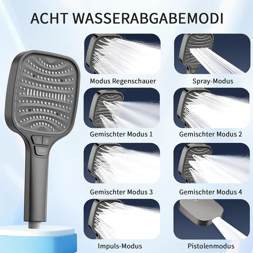 Grauer Duschkopf mit Schlauch und Halterung – 8-stufige Handbrause mit 4-Tasten-Umschaltung, Hochdru