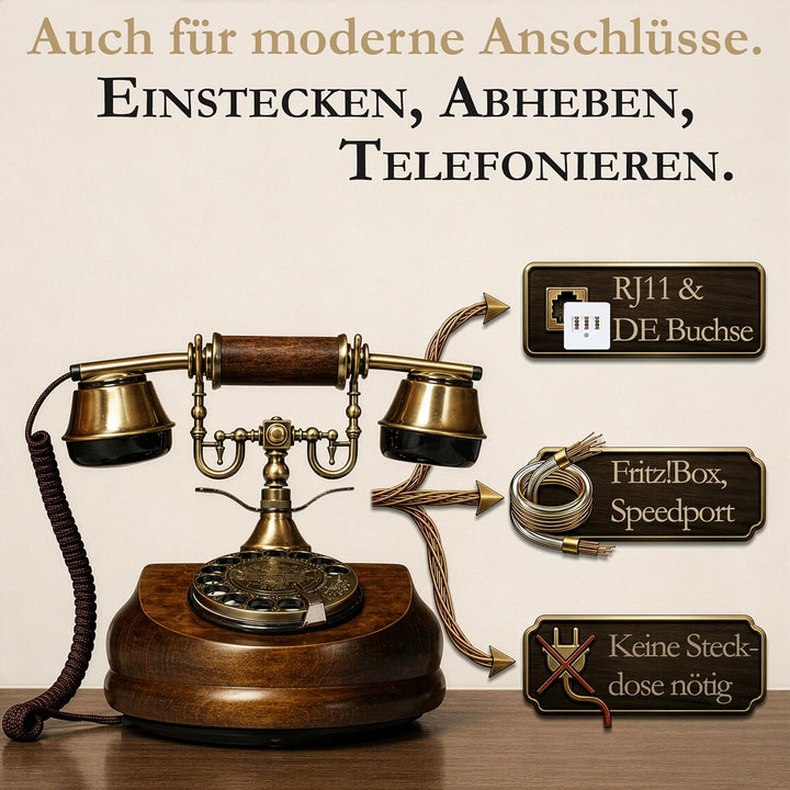 Opis 1921 Cable - Modell A - Retro Telefon aus Holz und Metall mit echter, rotierender Wählscheibe u