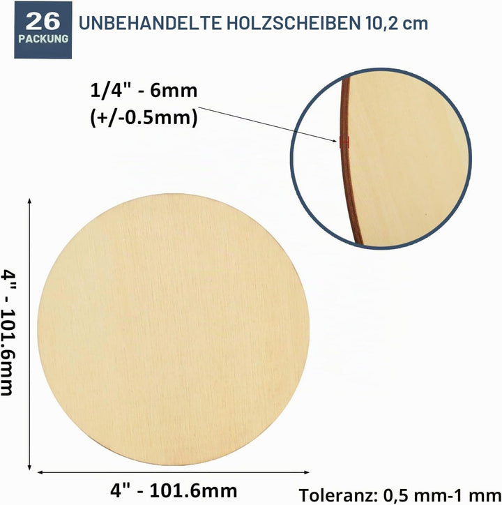 Artificer 6mm Dicke Runde Holzscheiben zum Basteln (26 Stk) 10cm, Sperrholz Blanko Holzplatte Rund 1