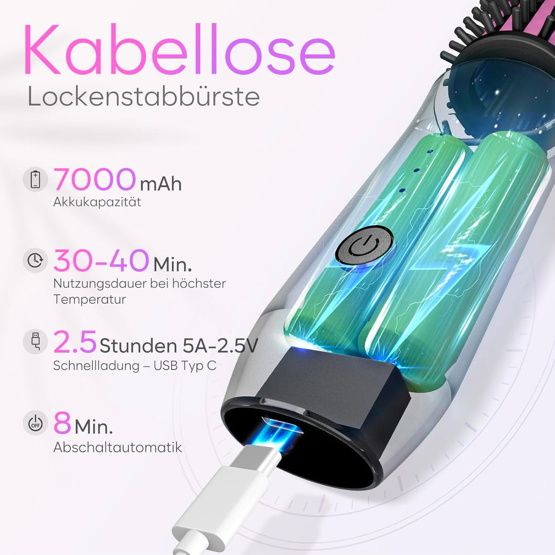 Kabellose Lockenstabbürste, 2024 NEU Tragbare Reise-Lockenstab-Minibürste für Frauen, 7000 mAh USB-a