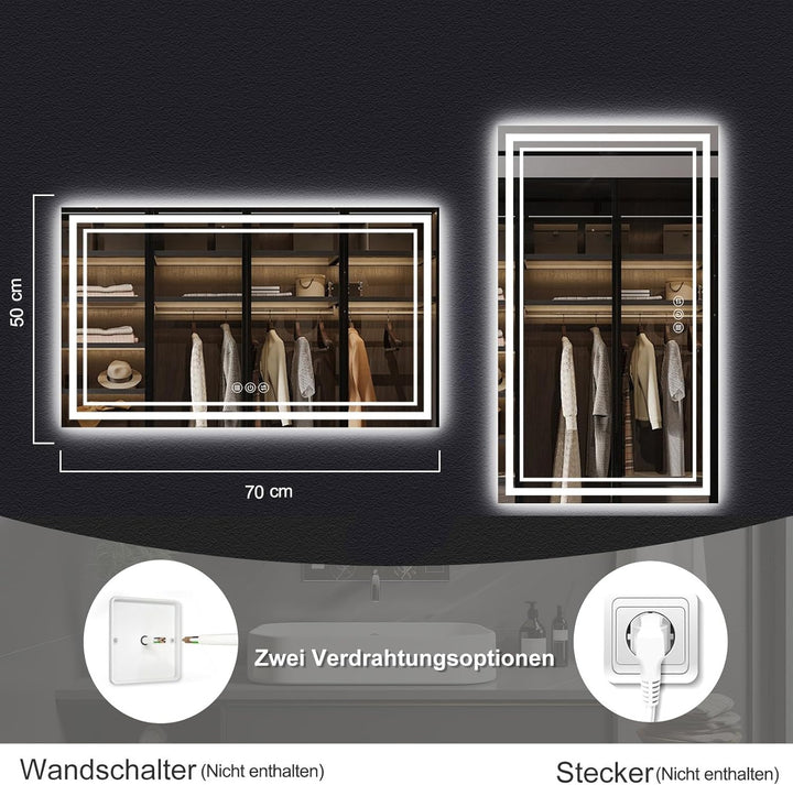 Badspiegel mit Beleuchtung, 50x70cm LED Spiegel Badezimmerspiegel mit Beleuchtung, Badspiegel Mit To