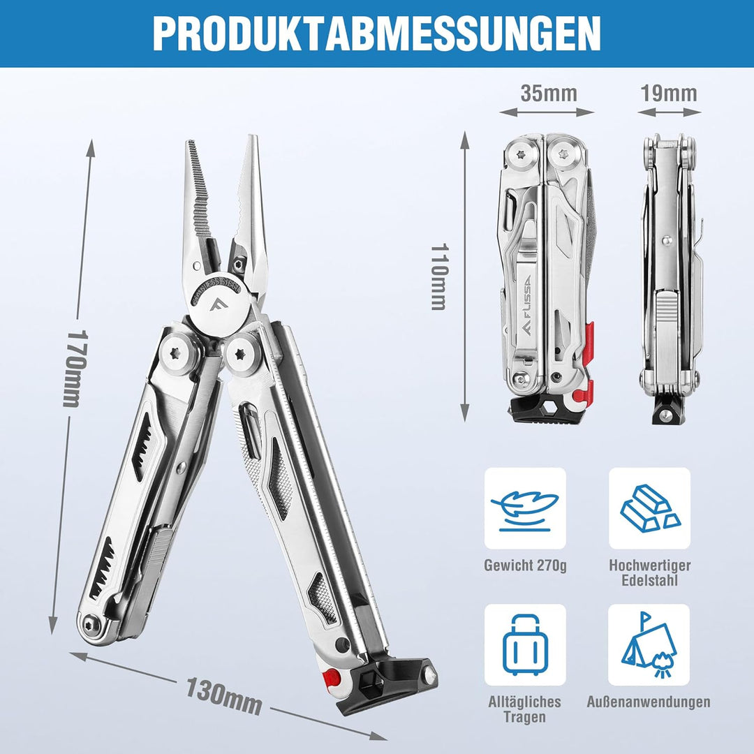 FLISSA Multifunktionszange 19-in-1, Multitool mit Glasbrecher und Feuerstarter, faltbares Multifunkt