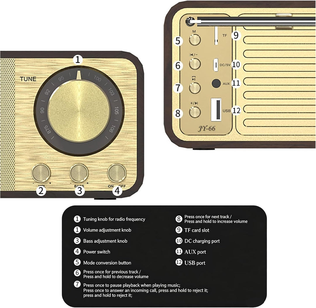 Retro Radio mit Bluetooth Nostalgie Radio Vintage Radio 5W Lautsprecher Wiederaufladbarer 1500mAh Ak