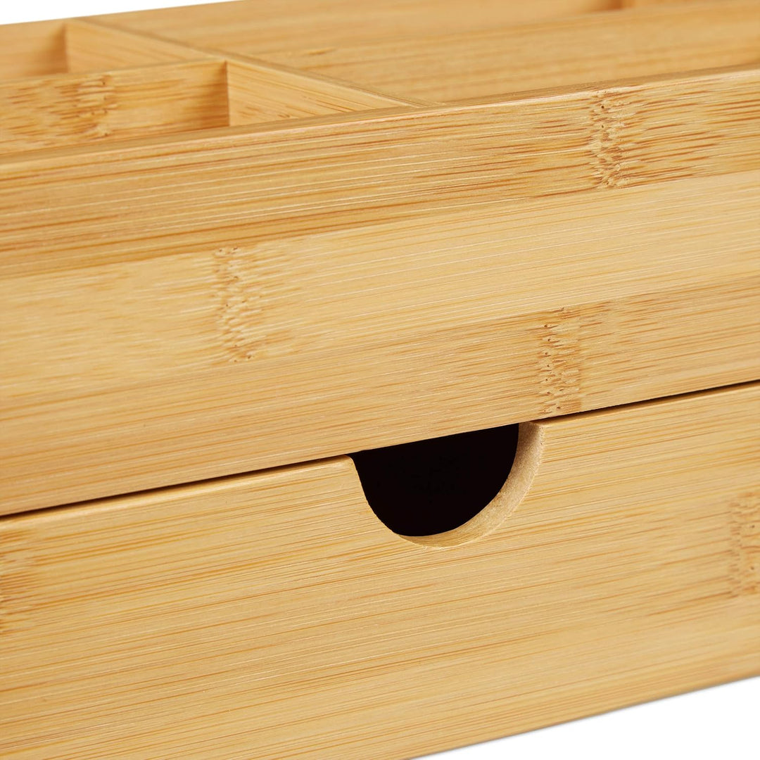 Relaxdays Bambus Kosmetik Organizer, multifunktional, 4 Fächer & Schublade, Schmuckkästchen, Ordnung