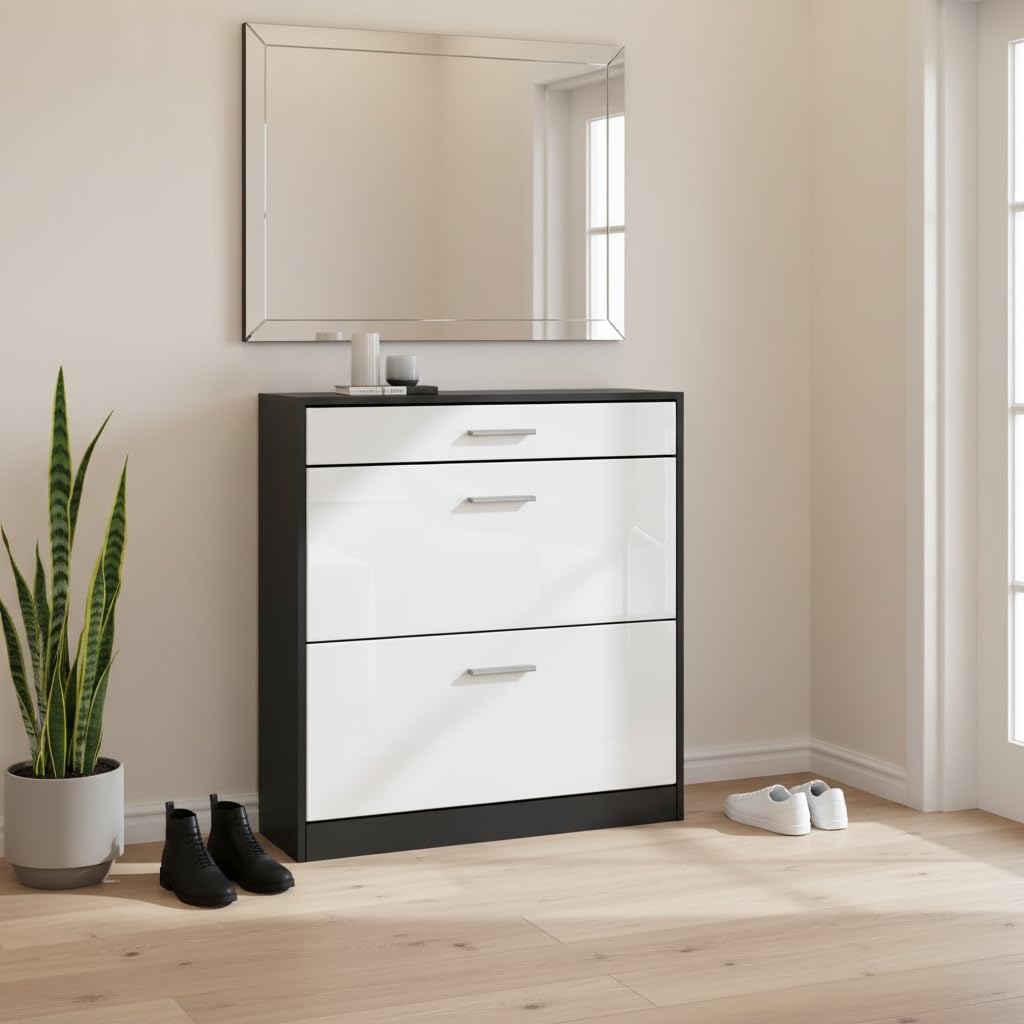 Schuhschrank Roma Schmal mit 2 Klappen und 1 Schublade, Platzsparender Schuhkipper Flurschrank für D