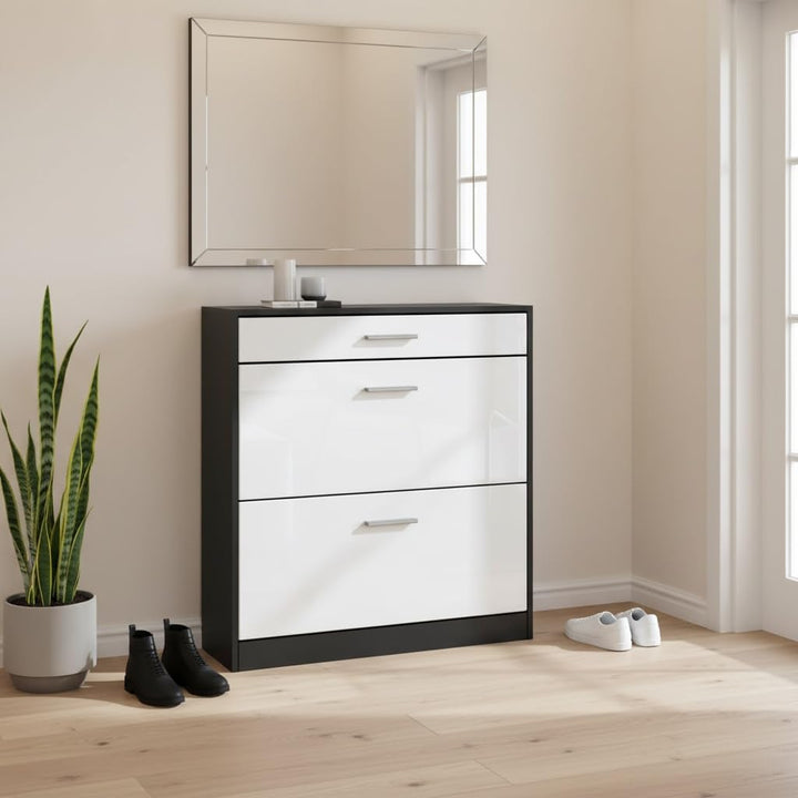 Schuhschrank Roma Schmal mit 2 Klappen und 1 Schublade, Platzsparender Schuhkipper Flurschrank für D