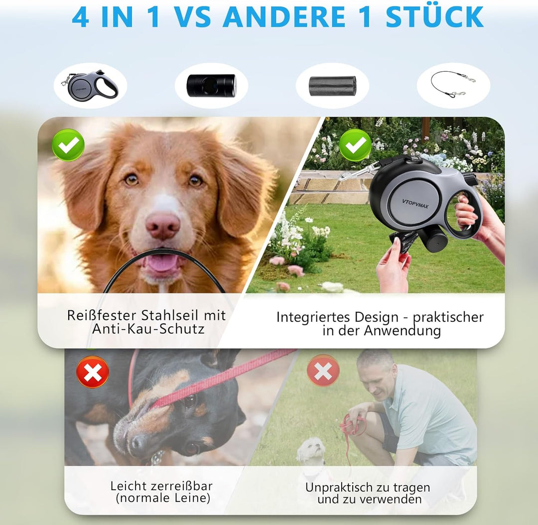 Rollleine 8m - Ausziehbare Hundeleine für Mittelgrosse/Grosse Hunde bis 50kg, Starke Leine mit Kausi