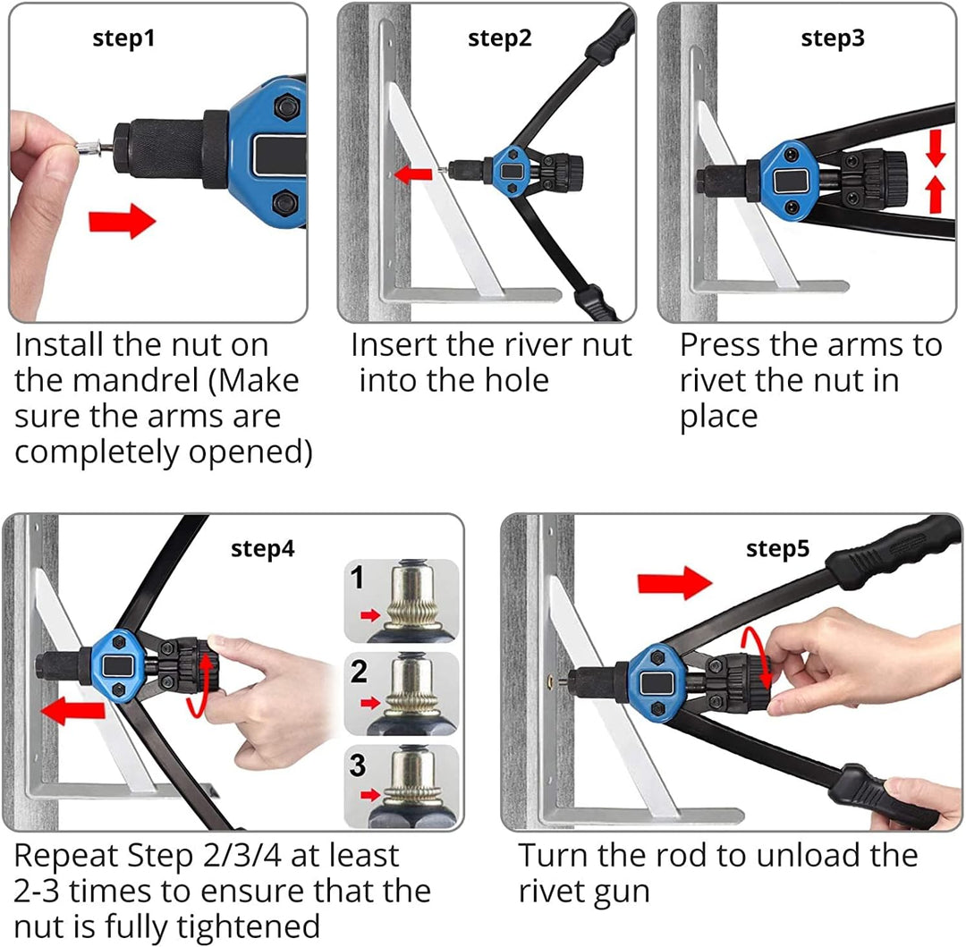 Handnietwerkzeugsatz, 33 cm lange Griffe mit 7 metrischen Dornen und 110 Nietmuttern von M3 bis M12