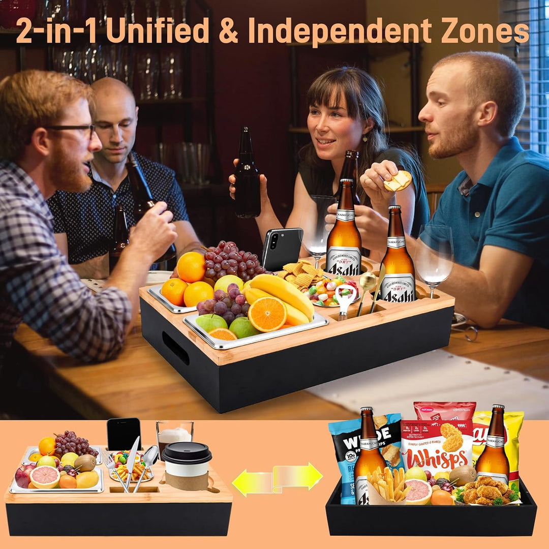 Couchbar Snackbox-Sofatablett Mit 2 Edelstahlschalen &amp; Gewürzschale,Sofa Tablett,Abnehmbarer Magnet-