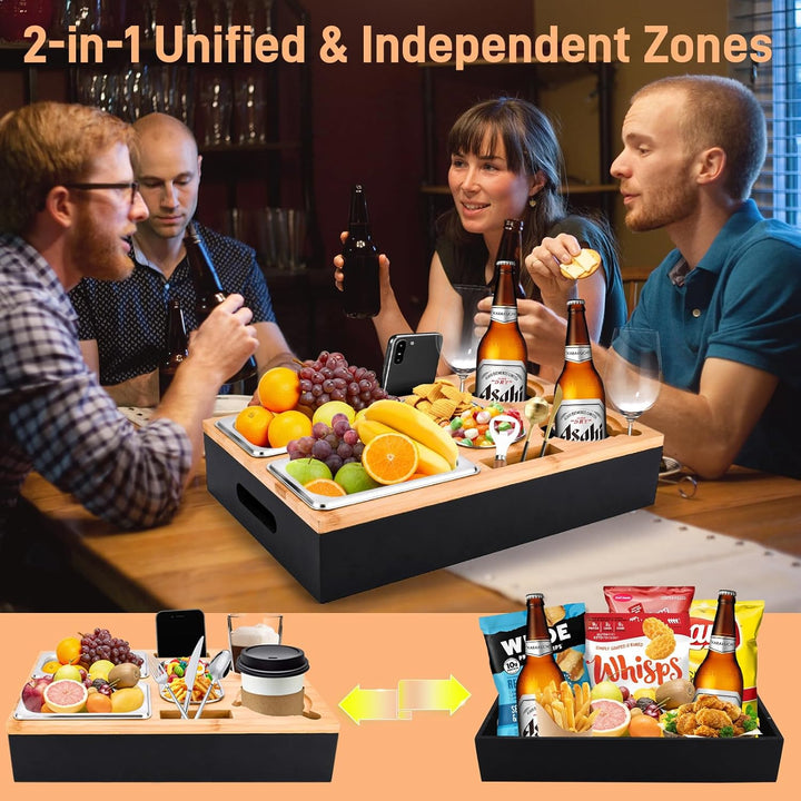 Couchbar Snackbox-Sofatablett Mit 2 Edelstahlschalen &amp; Gewürzschale,Sofa Tablett,Abnehmbarer Magnet-