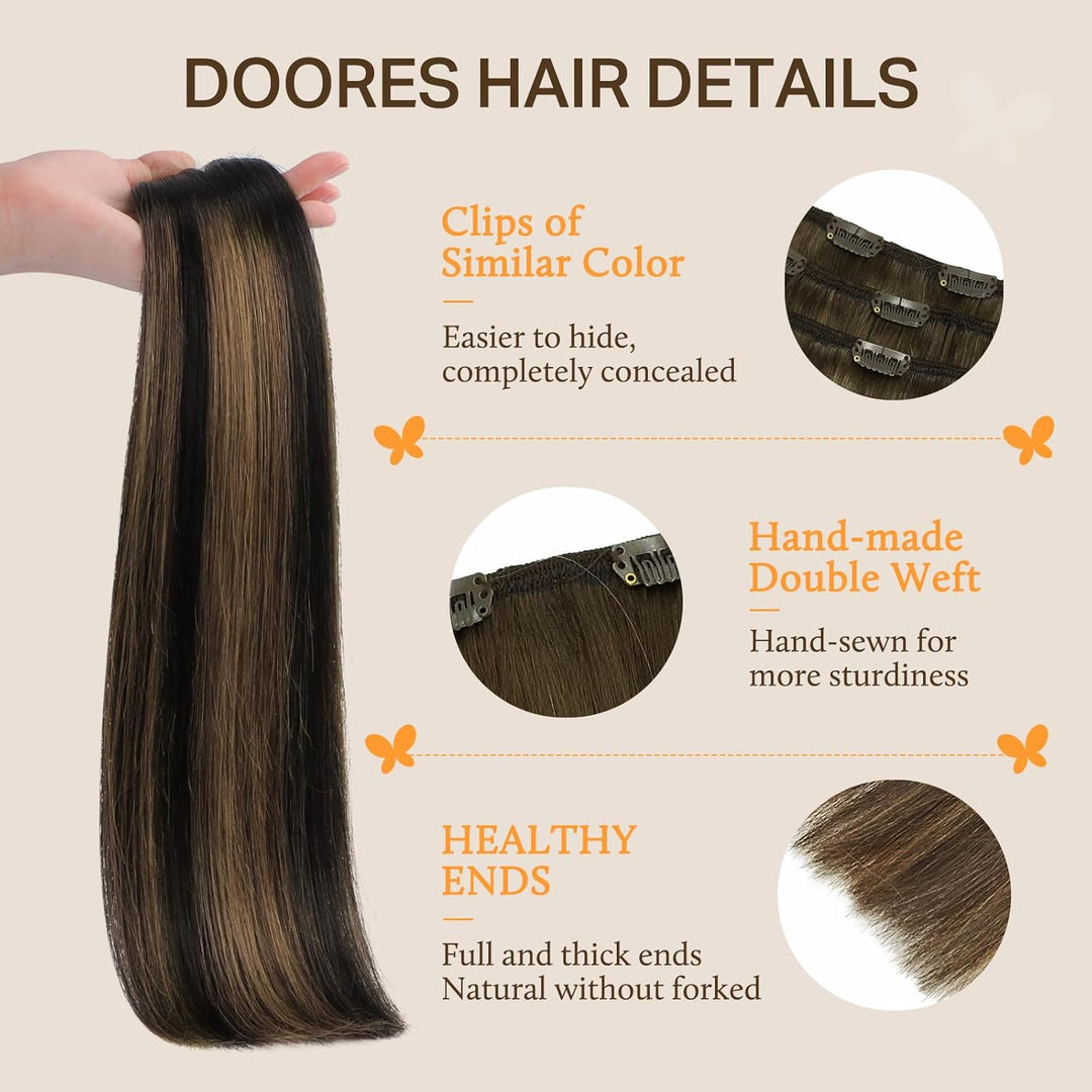 DOORES Haarverlängerungen Clip in Extensions Echthaar, Balayage Natürliches Schwarz bis Chestnut Bra