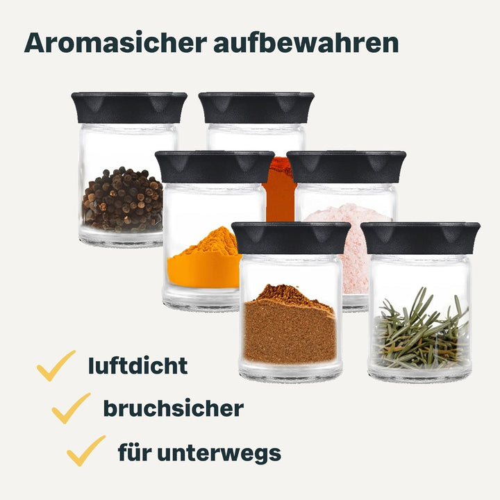 SILBERTHAL Gewürzbehälter Set Glas to go - 6er Set - Für Kaffeepulver, Gewürze, Nüsse 100ml - kompat