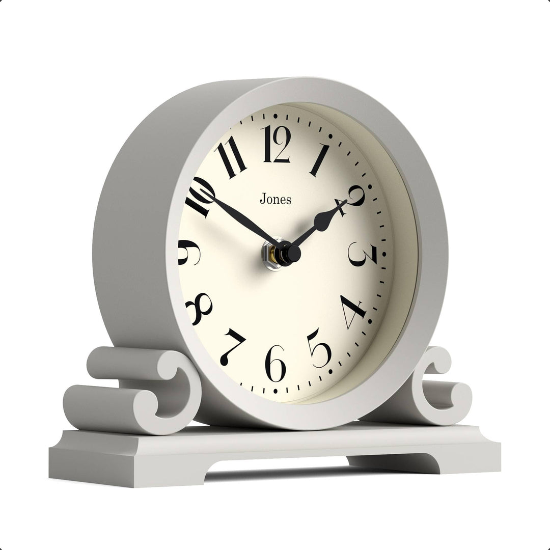 JONES CLOCKS® Saloon Tischuhr I Traditionelles DoppelIscrollIDesign I Grau I Zeitgenössischer klassi