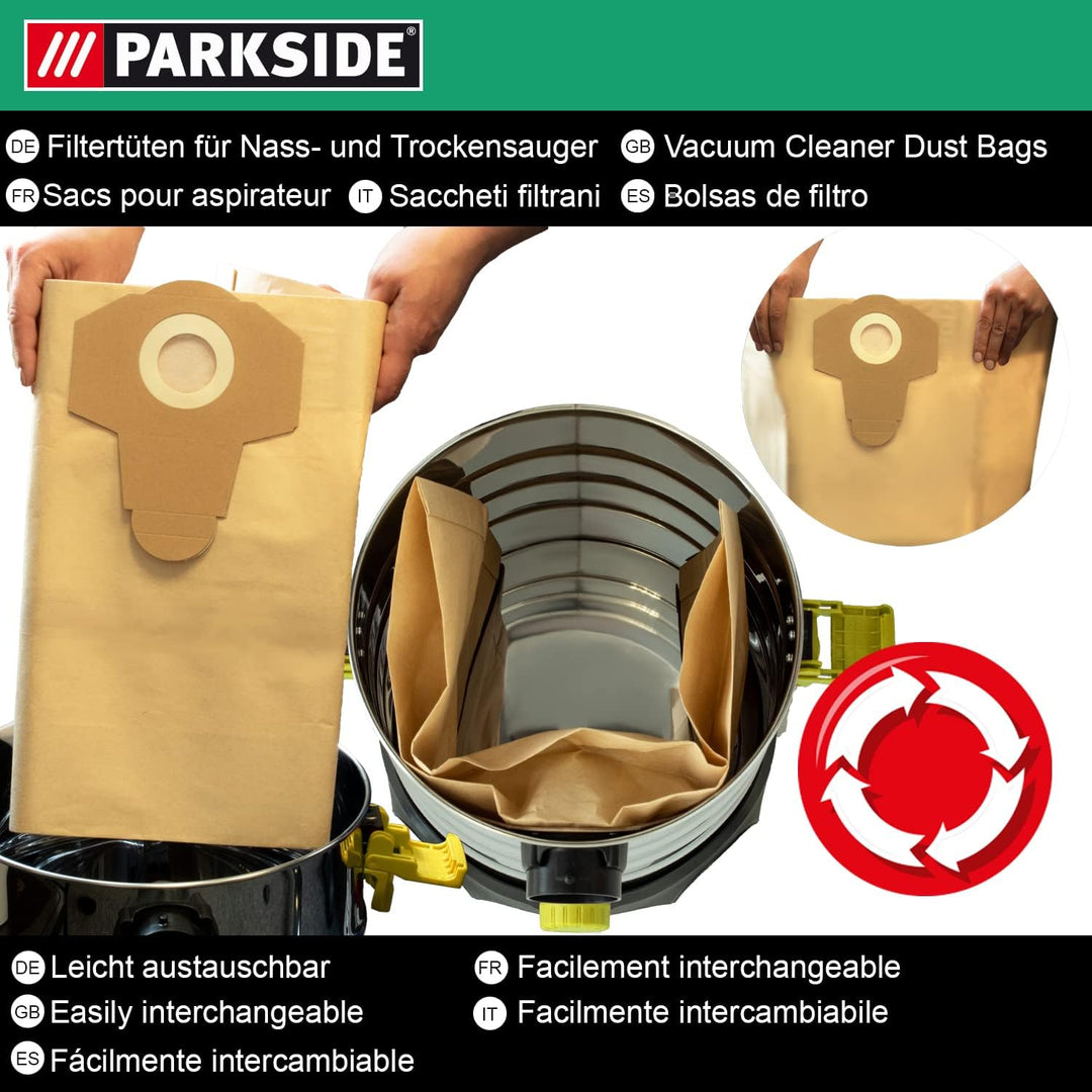 Parkside Original Staubsaugerbeutel 5 Stück für LIDL Nass-Trockensauger PNTS 1250, 1250/9, PNTS 1300