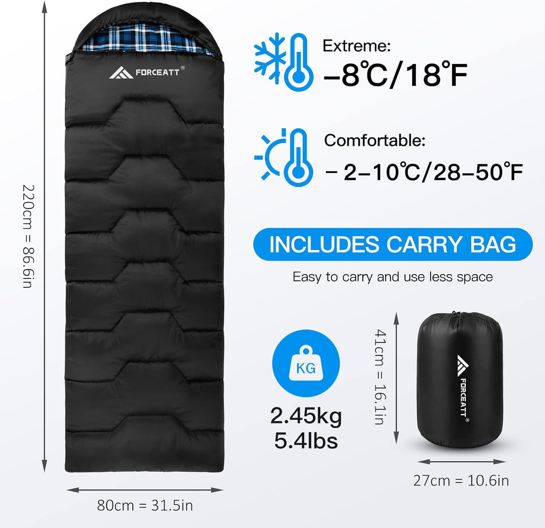 Forceatt Schlafsack 3~4 Jahreszeiten, -5°C Flanell und 20°C Polyester Schlafsack für Erwachsene, was