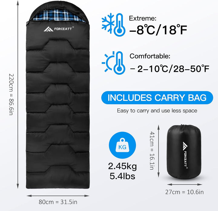 Forceatt Schlafsack 3~4 Jahreszeiten, -5°C Flanell und 20°C Polyester Schlafsack für Erwachsene, was