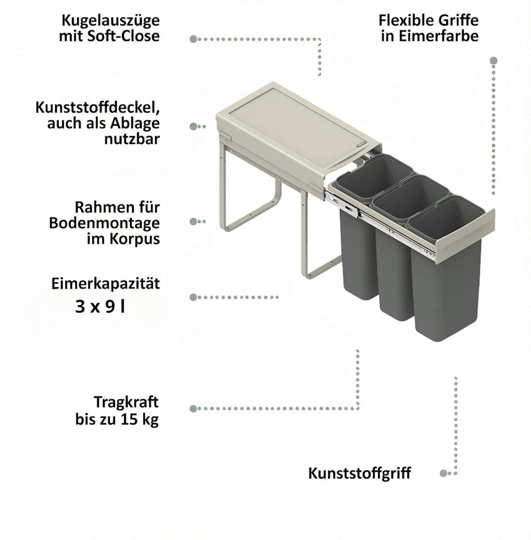 Einbau-Mülleimer für 30 cm Schrank 3-fach Abfallsystem mit Deckel Soft-Close & Vollauszug 26,4 x 50