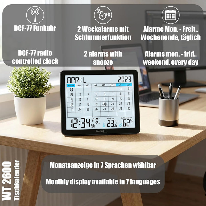 WT2600 Tischkalender, Temperaturanzeige, Luftfeuchteanzeige, Min/Max Anzeige, 17 x 14 cm, schwarz