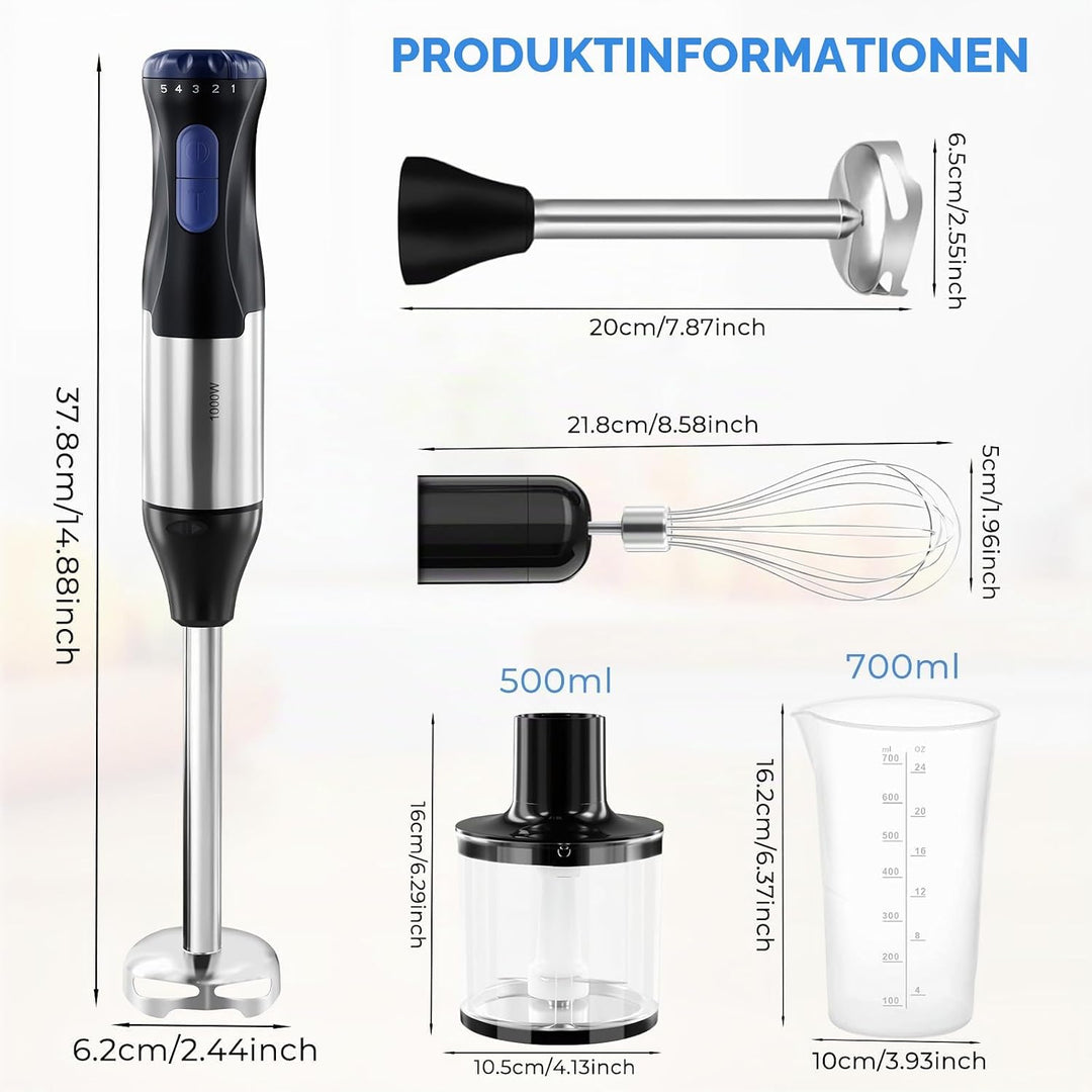 4-in-1 Stabmixer Edelstahl, 1000W Pürierstab mit 5 Geschwindigkeiten und Turbo-Modi, Schneebesen, 50