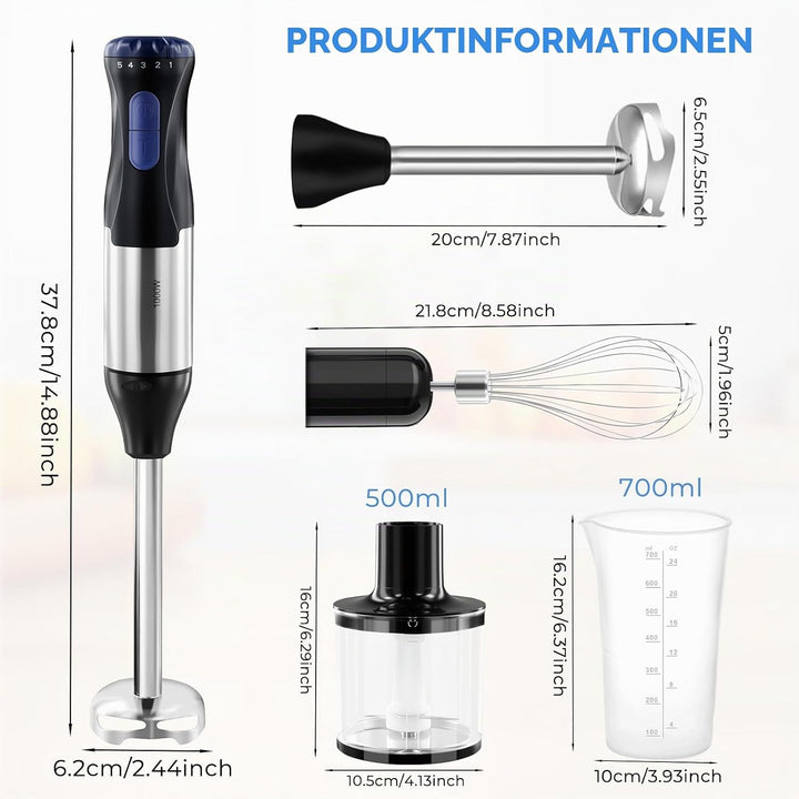 4-in-1 Stabmixer Edelstahl, 1000W Pürierstab mit 5 Geschwindigkeiten und Turbo-Modi, Schneebesen, 50