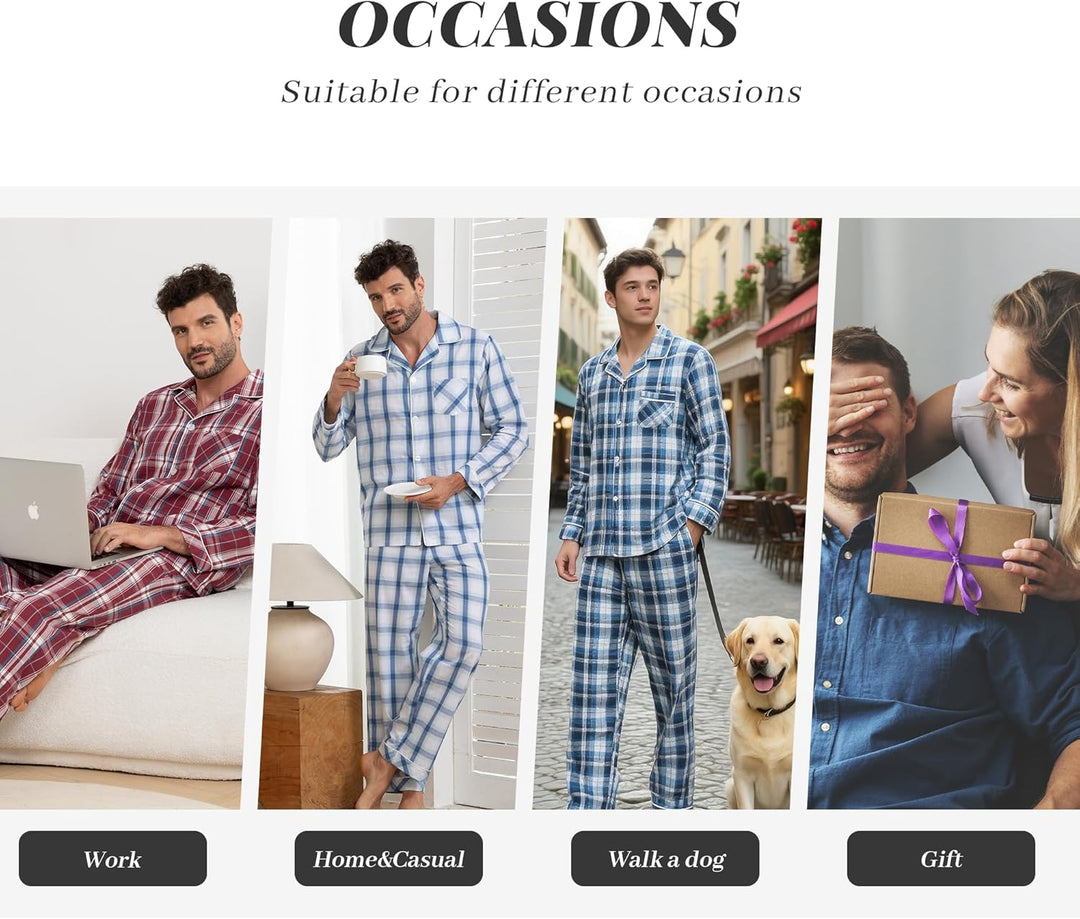 Vulcanodon Pyjama Herren 100% Baumwolle Schlafanzug lang Set kariert mit Knopfleiste weiche Nachtwäs