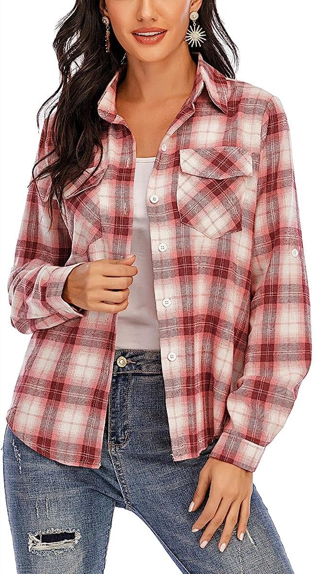 Yukiuiny Damen Karierte Bluse 100% Baumwolle Langarm Weiches Flanellhemd Casual Button-down Holzfäll