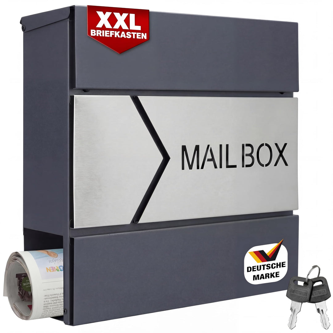 MONZANA® Design Briefkasten Stahl anthrazit mit Zeitungsfach 2 Schlüssel Zeitungsrolle Wandbriefkast