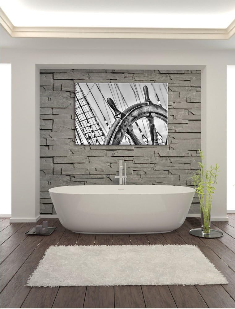 Pixxprint Steuerrad auf dem Schiff 100x70cm Leinwandbild Wandbild Kunstdruck, 100x70