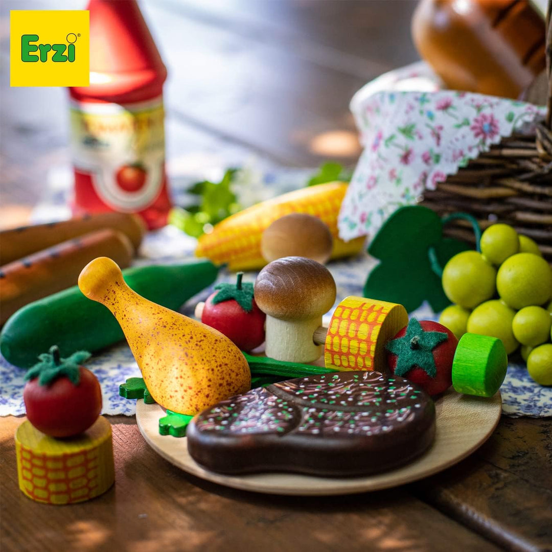 Erzi 28199 Sortierung Grillparty aus Holz, Kaufladenartikel für Kinder, Rollenspiele
