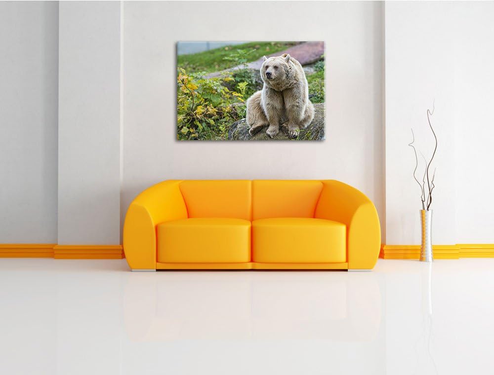 Pixxprint niedlicher Grizzly auf Stein auf Leinwand, XXL riesige Bilder fertig gerahmt mit Keilrahme